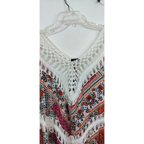 4113) Vivid Mix Print Crocheted Boho V Neck Tunic Hollow out Cover Up Size 3X - Picture 6 of 9